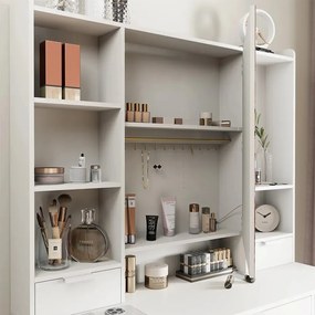 Masuta machiaj cu Oglinda LED si 7 Sertare pentru Cosmetice, Set Masa toaleta 105 cm, Alb, masuta cosmetica, vanity - SEA810