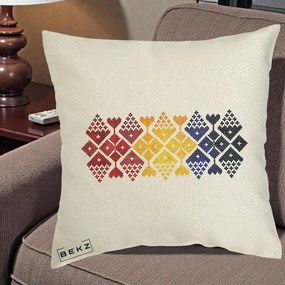 Perna Personalizata Motiv Tricolor Romanesc Broderie, 40x40 cm, Ecru, Husa Detasabila, Perna Inclusa, BEKZ®