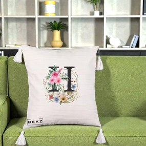 Cadou Personalizat - Perna Personalizata Monogram Litera H cu Flori Acuarela, 40x40 cm, Bej cu Franjuri, Husa Detasabila, Perna Inclusa, BEKZ®