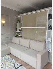SET PAT RABATABIL DUBLU CU SOMIERA INCLUSA + CANAPEA COLTAR CU SPATIU DEPOZITARE + BIBLIOTECI - ROYAL CASE CORNER ELEGANCE Set (150X200)