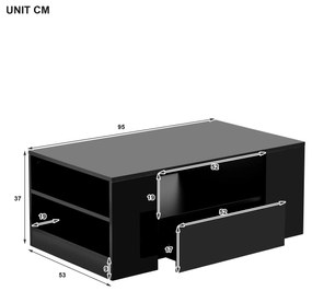 Măsuță de cafea modernă cu 2 sertare și 2 rafturi, structură din PAL, iluminare LED, 95x53x37 cm, negru