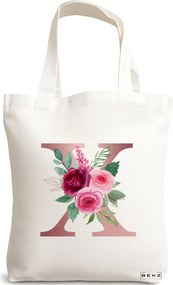Sacosa de Panza pentru Cumparaturi, Geanta Tote, Cu litera X Rose Gold si Trandafiri, 38x34.5 cm, Alba, BEKZ®