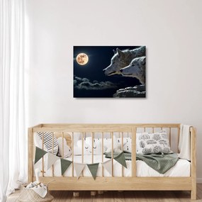 Tablou pe sticlă cu lupi în lună (70x50 cm)