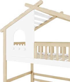 Pat supraetajat 90x200 cm cu scară cu spațiu de depozitare pentru copii, fără saltea, Culoare naturală+Alb