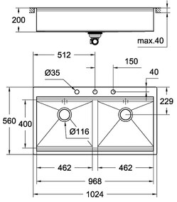 Chiuveta bucatarie Grohe K800, doua cuve, 1024x560mm, inox - 31585SD0