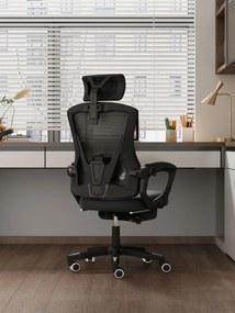 RESIGILAT- Scaun ergonomic cu suport lombar, pivotant 360°, tetieră reglabilă, suport pentru picioare, Mesh, Negru