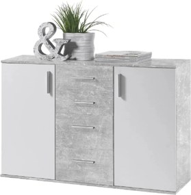 Comoda POPPY 5, alb/gri ciment, PAL melaminat, 120x35x82 cm