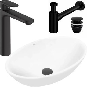 Pachet lavoar pe blat Rea Pamela alb 53 cm, baterie lavoar Hansgrohe Vernis Blend 190 negru si ventil lavoar Click-Clack negru