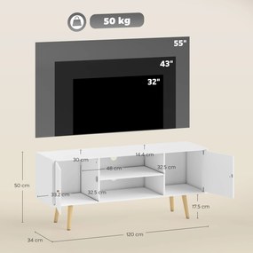 HOMCOM Cabinet TV 55" cu 2 Dulapuri, Uși și 2 Rafturi Deschise, Consolă TV din Lemn și PAL, 120x34x50 cm, Alb | Aosom Romania