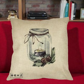 Perna Decorativa Felinar cu Lumanare si Conuri, 40x40 cm, Crem, Husa Detasabila, Perna Inclusa, BEKZ®