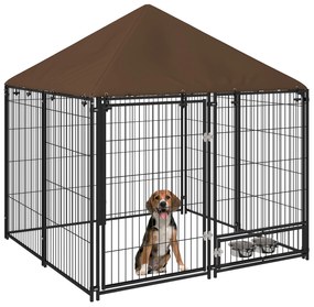 PawHut Gard pentru Câini din Metal cu Ușă pentru Boluri, Gard pentru Câini de Exterior cu Acoperiș, 141x141x151 cm, Negru și Maro