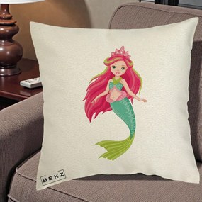 Perna Decorativa Sirena Roz cu Coroana, 40x40 cm, Ecru, Husa Detasabila, Perna Inclusa, BEKZ®