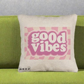 Perna Decorativa Good Vibes Retro Roz, 40x40 cm, Bej Canapea, Husa Detasabila, Perna Inclusa, BEKZ®