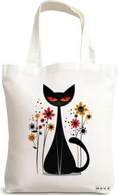 Sacosa de Panza pentru Cumparaturi, Geanta Tote, model Cat and Flowers 7, 38 x 34.5 cm, Alba, BEKZ®
