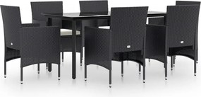 vidaXL Set de masă pentru grădină, 7 piese, cu perne, negru