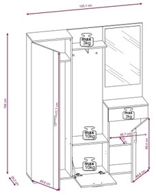 NOLAN – panou de hol cu oglindă, stejar artisan/alb