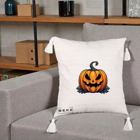 Perna Decorativa Halloween Jack-o'-Lantern Infricosator, 40x40 cm, Bej cu Franjuri, Husa Detasabila, Perna Inclusa, BEKZ®