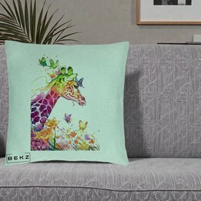 Perna Decorativa Girafa Curcubeu Acuarela, 40x40 cm, Verde Menta, Husa Detasabila, Perna Inclusa, BEKZ®