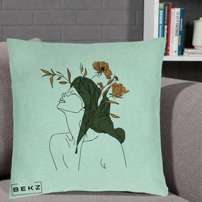 Perna Decorativa Portret Feminin Profil Flori Portocalii, 40x40 cm, Verde Menta, Husa Detasabila, Perna Inclusa, BEKZ®