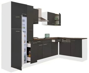Dulap de bucătărie de colț Yorki 310 cu corp alb, față antracit satinat și frigider cu congelator superior