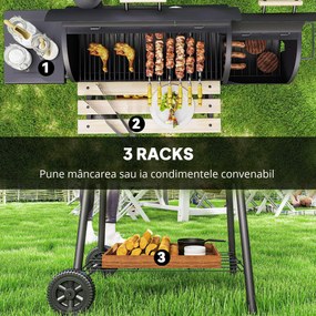 Outsunny Gratar de gradina cu capac si afumator, gratar pe carbune cu rafturi si roti 124x53x104cm, negru | AOSOM RO
