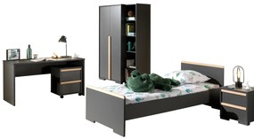 Set LONDON în culoarea antracit format dintr-un Pat copii (90x200) cu noptieră, Dulap camera copii cu 2 uși, birou cu cărucior de birou și bibliotecă.