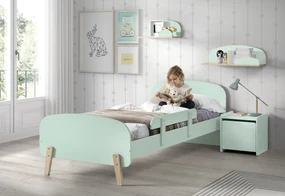 Set Mobilier Kiddy pentru Camera Copii – Pat 90x200 cm, Noptieră, Bară Siguranță & 2 Polițe Perete – Verde Mentă – Vipack