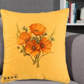 Perna Decorativa Maci Portocalii cu Floricele Albastre, 40x40 cm, Galben, Husa Detasabila, Perna Inclusa, BEKZ®