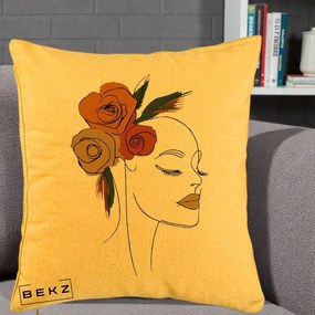 Perna Decorativa Portret Feminin Trandafiri Ruginii, 40x40 cm, Galben, Husa Detasabila, Perna Inclusa, BEKZ®