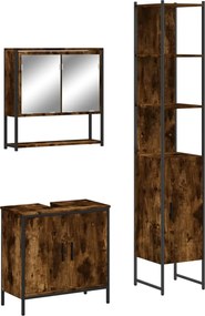 vidaXL Set mobilier de baie, 3 piese, stejar fumuriu, lemn prelucrat