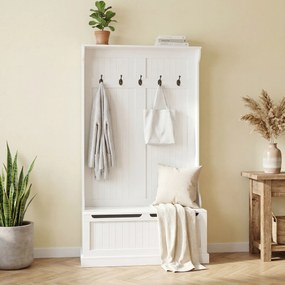 HOMCOM Cuier de Podea cu Bancă pentru Pantofi și 5 Cârlige, MDF, 96L x 34I x 179,7Î cm, Crem | Aosom Romania