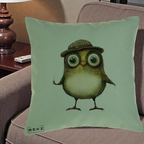 Perna Decorativa Pui Intelectual cu Palarie Tweed, 40x40 cm, Verde, Husa Detasabila, Perna Inclusa, BEKZ®