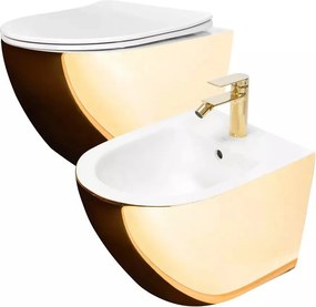 Set vas WC suspendat Rea Carlo auriu cu capac softclose alb si bideu alb