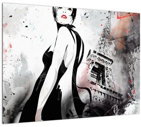 Tablou pe sticlă - Doamna și Turnul Eiffel (70x50 cm)