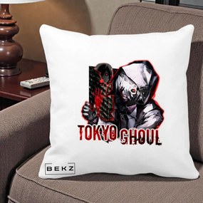 Perna Personalizata Tokyo Ghoul Ken Kaneki Anime, 40x40 cm, Alba Mata, Husa Detasabila, Perna Inclusa, BEKZ®