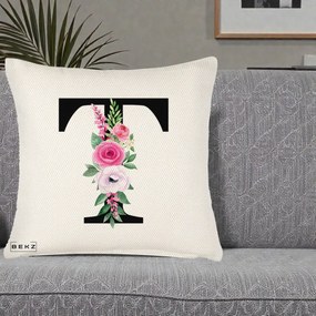 Cadou Personalizat - Perna Personalizata Monograma Florala Litera T, 40x40 cm, Crem Reliefat, Husa Detasabila, Perna Inclusa, BEKZ®