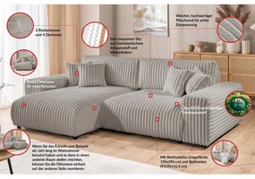 Colțar gri deschis extensibil, cu spațiu de depozitare, cu tapițerie din catifea reiată (cu colț pe partea stângă) Sarina – Ropez