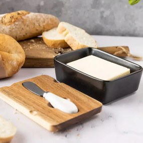 Cutie ceramica si cutit pentru unt Klausberg KB 7784, Capac lemn de salcam, Negru/maro