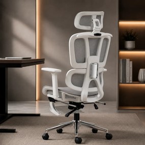 AERION – Scaun ergonomic, spătar ergonomic segmentat, suport lombar 3D, tetieră reglabilă, cotiere 3D, suport pentru picioare, înclinare până la 145°, bază metalică, Mesh, Alb/Gri
