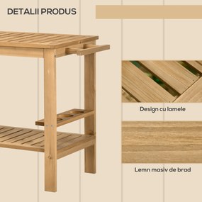 Outsunny Carucior de Grădină cu Roți din Lemn de Brad, Carucior de Servire cu Rafturi din Șipci, 2 Rafturi, 3 Suporturi pentru Sticle și Mâner, pentru Grădină Terasă Patio 95x47x74 cm, Culoare Lemn | Aosom Romania