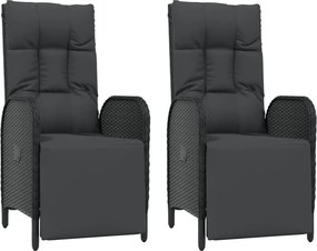 vidaXL Scaune rabatabile exterior, cu perne, 2 buc., negru, poliratan