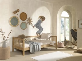 Set Pat Cabină Forrest Oak pentru Camera Copii, 90x200 cm, cu Sertar Pat și Barieră de Siguranță, din Lemn Masiv de Stejar, Natur – Vipack