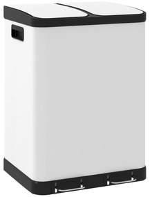 HOMCOM Coș de gunoi de bucătărie 2 x 30L cu pedala din oțel inoxidabil, 2 compartimente, capac cu închidere moale, 60L, alb | Aosom Romania