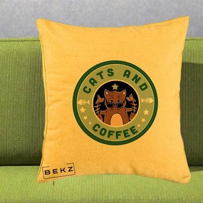 Perna Personalizata Cats and Coffee Starbucks, 40x40 cm, Galben, Husa Detasabila, Perna Inclusa, BEKZ®