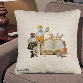 Perna Decorativa Grimoire Vrajitoare si Filtre Magice Halloween, 40x40 cm, Bej Canapea, Husa Detasabila, Perna Inclusa, BEKZ®