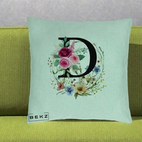 Cadou Personalizat - Perna Personalizata Monogram Litera D cu Flori Acuarela, 40x40 cm, Verde Menta, Husa Detasabila, Perna Inclusa, BEKZ®