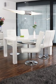 Set masa dreptunghiulara din MDF cu 4 scaune din imitatie de piele 180x90 cm albe