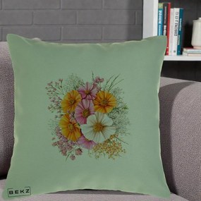 Perna Decorativa Buchet Cosmos Portocaliu Roz si Alb, 40x40 cm, Verde, Husa Detasabila, Perna Inclusa, BEKZ®