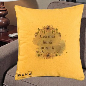 Cadou pentru Bunica - Perna Personalizata Cea Mai Buna Bunica Flori Mov Acuarela Negru, 40x40 cm, Galben, Husa Detasabila, Perna Inclusa, BEKZ®