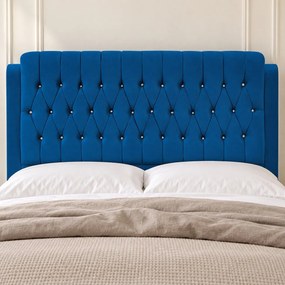 Pat tapițat Chesterfield din catifea Aveline Deluxe 180×200 cm, albastru, cu ladă de depozitare